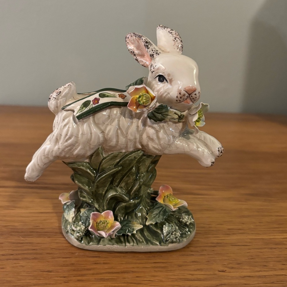 Porcelain Whimsical Floral Bunny Figurine White and Green